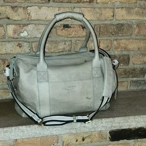 Margot Newyork, Gray Leather Travel Carryon Duffle Bag with Strap. NEW